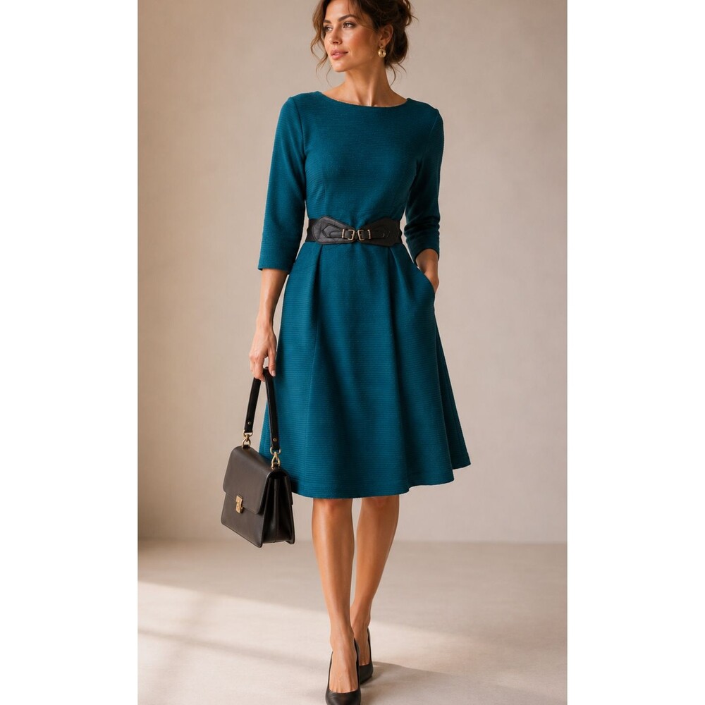 Teal A Line Midi Dress Petite 16P Belted Textured Work Office Modest